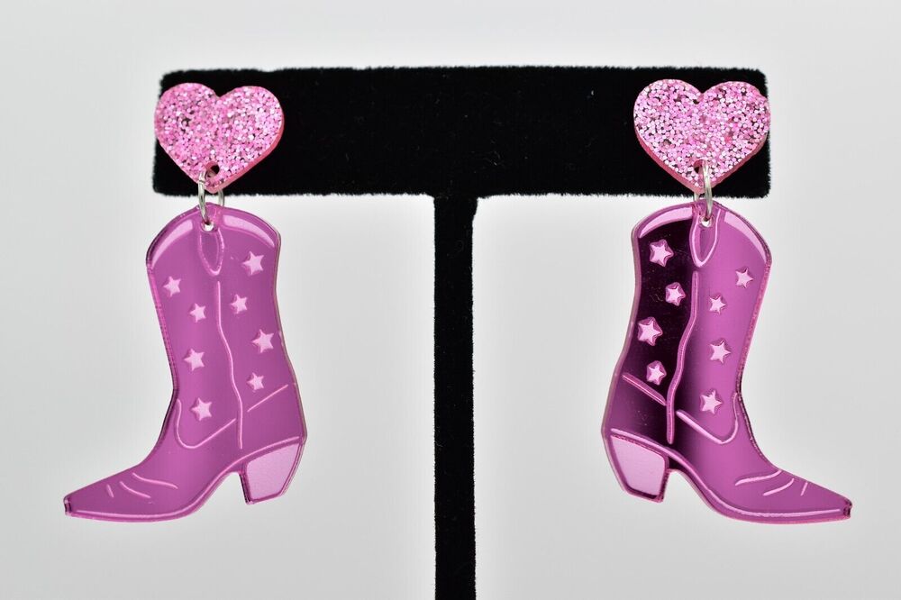 Mary Kathryn Pink Boots Earrings Raelynn Glitter Lucite Lightweight NWT BinAF